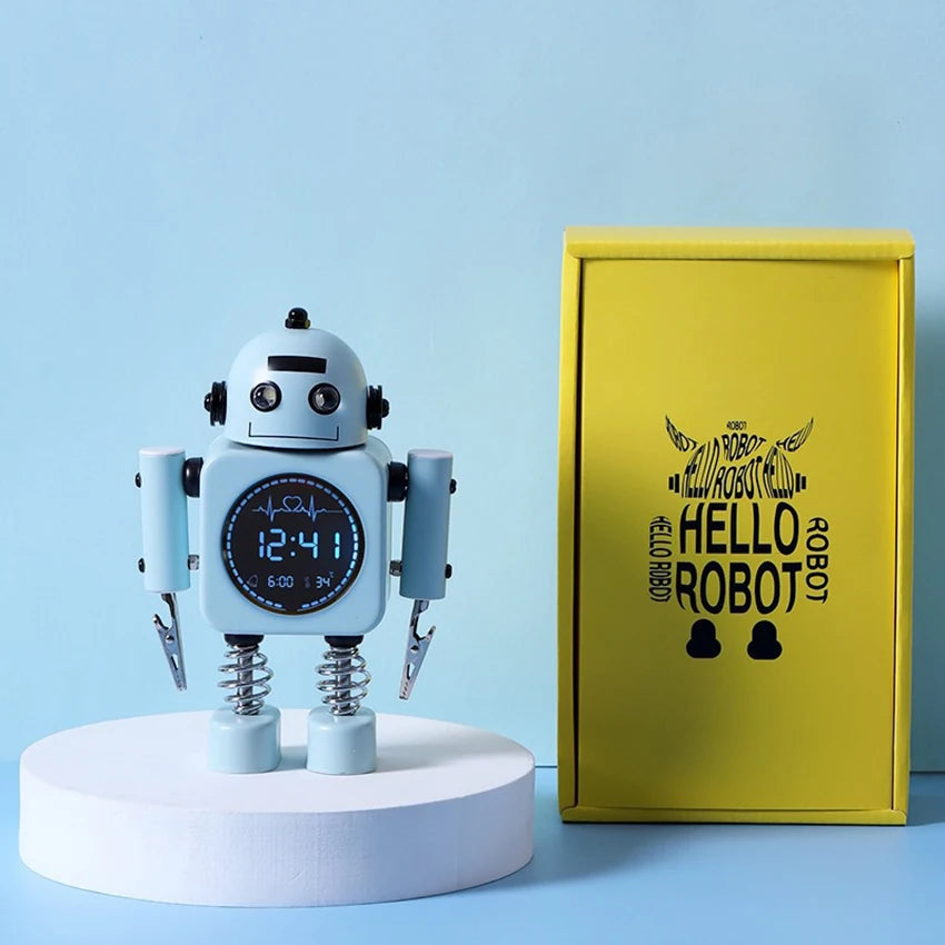 Silent Robot Alarm Clock Non-Ticking Metal  Alarm Clock Wake-up Clock With Flashing Eye Lights And Hand Clip