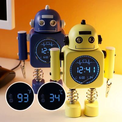 Silent Robot Alarm Clock Non-Ticking Metal  Alarm Clock Wake-up Clock With Flashing Eye Lights And Hand Clip
